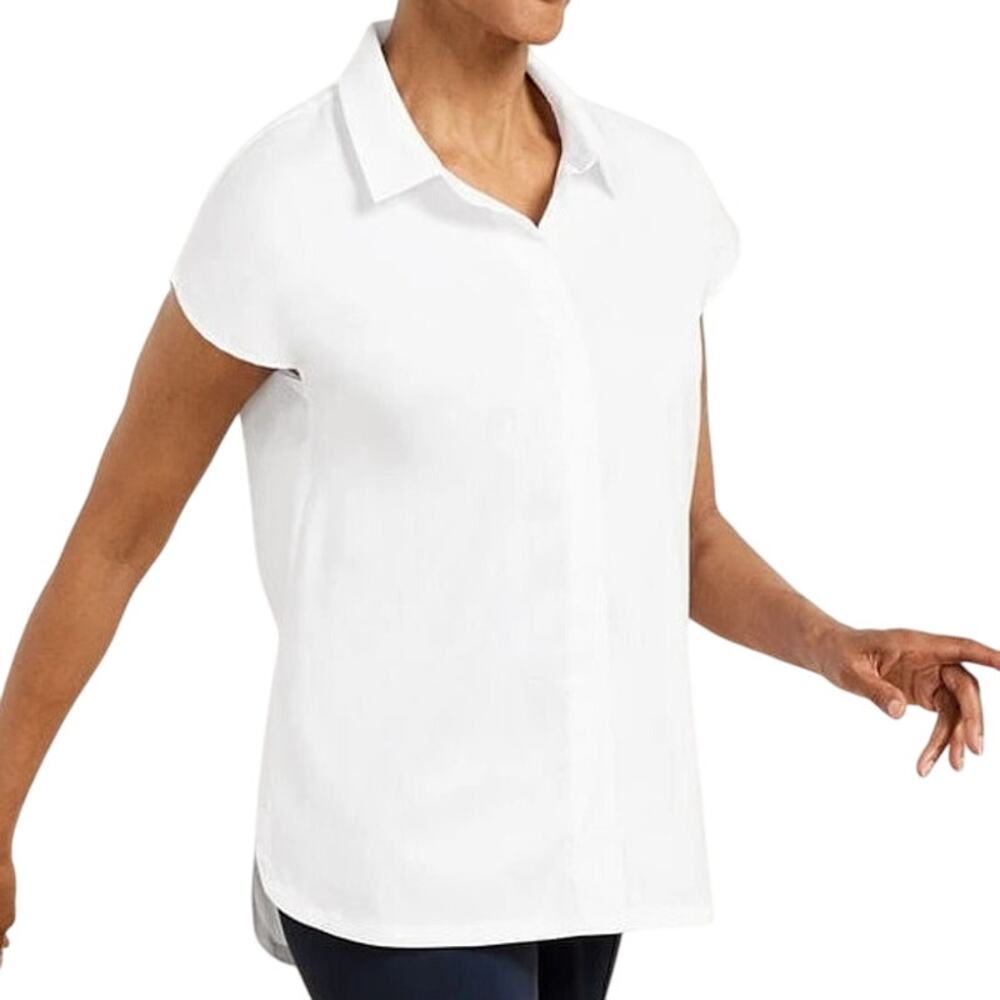 T By Talbots Shirt M White Cotton Blend Zip Front High Low Top Extended Shoulder